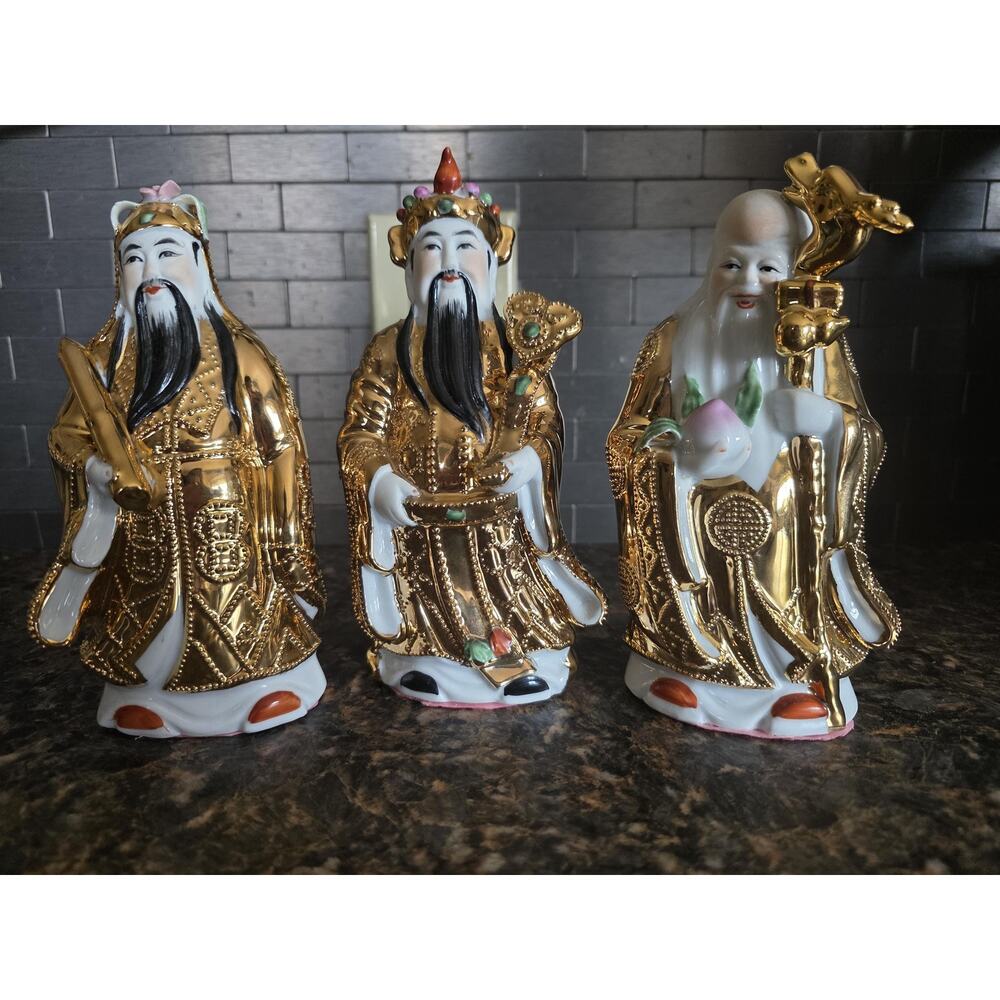Vintage Gold Gilded Fu Lu Shou Porcelain Statues Set of 3 in Original Box